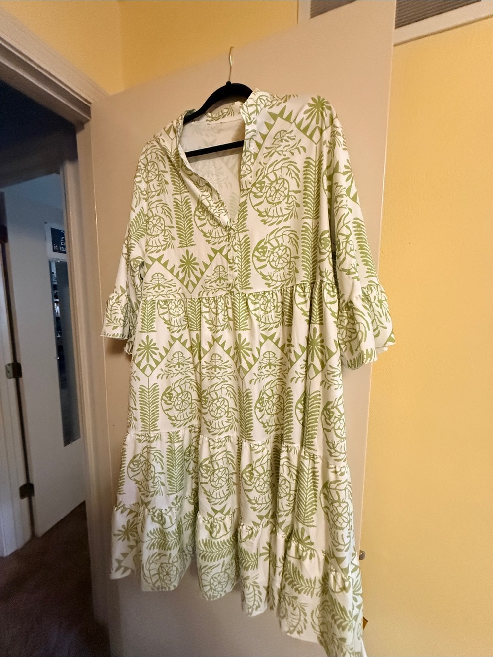 White and Sage Green Printed Tiered Cotton Dress